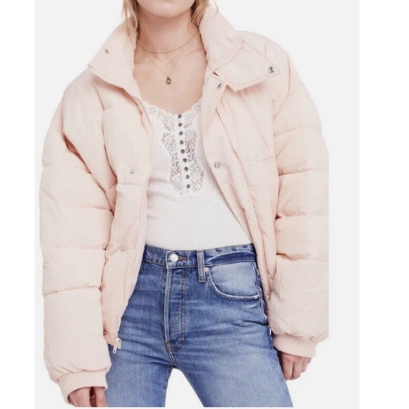 Free People Cold Rush Puffer Jacket Coat Cinched Waist Pale Pink - Picture 7 of 8